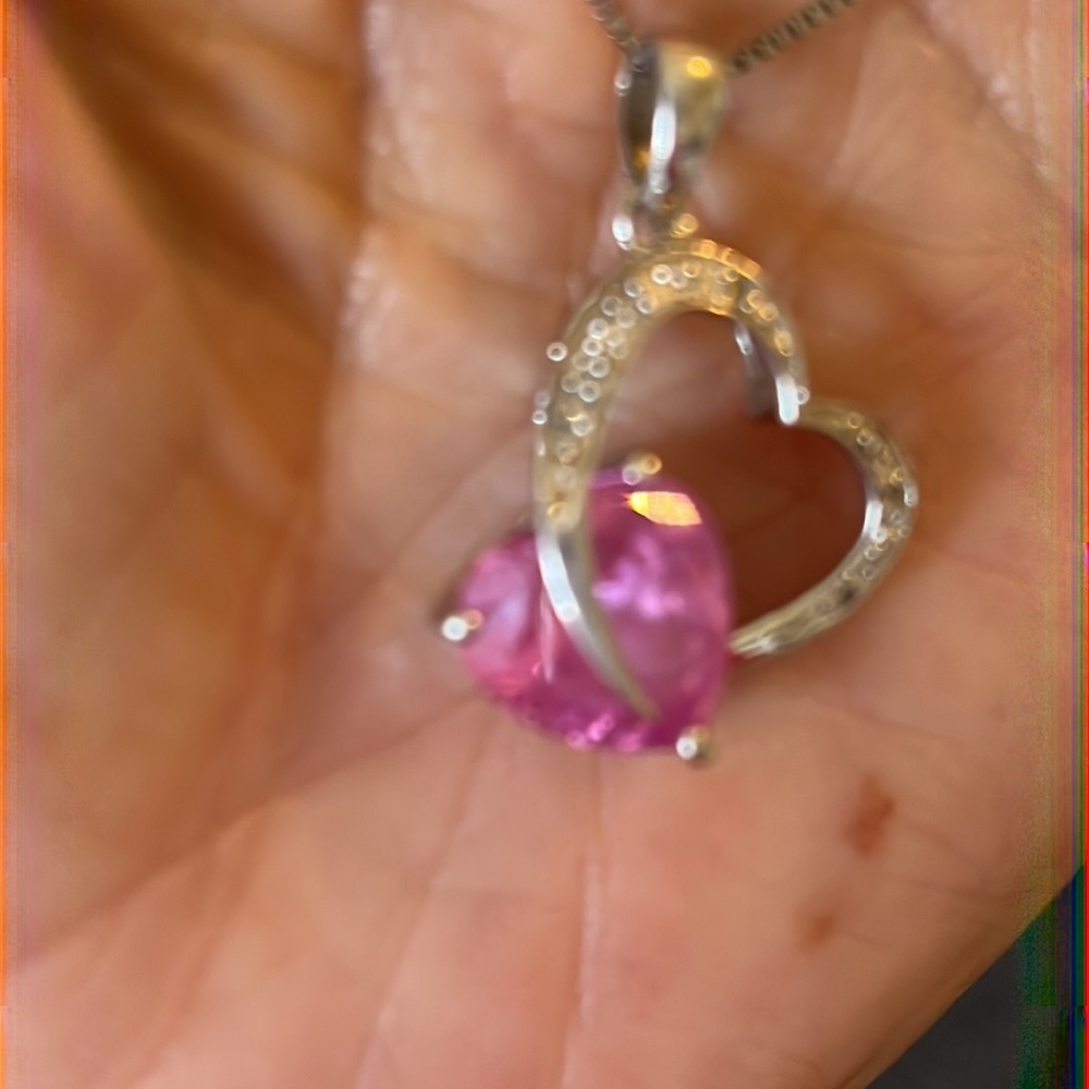 Pink and white sapphire heart-shaped necklace in .925 sterling silver. - Picture 2 of 7